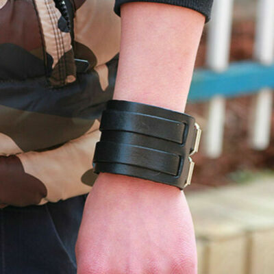 Men's Punk Style Wide Leather Cuff Bracelet - Wrap Wristband - Adjustable Faux Leather