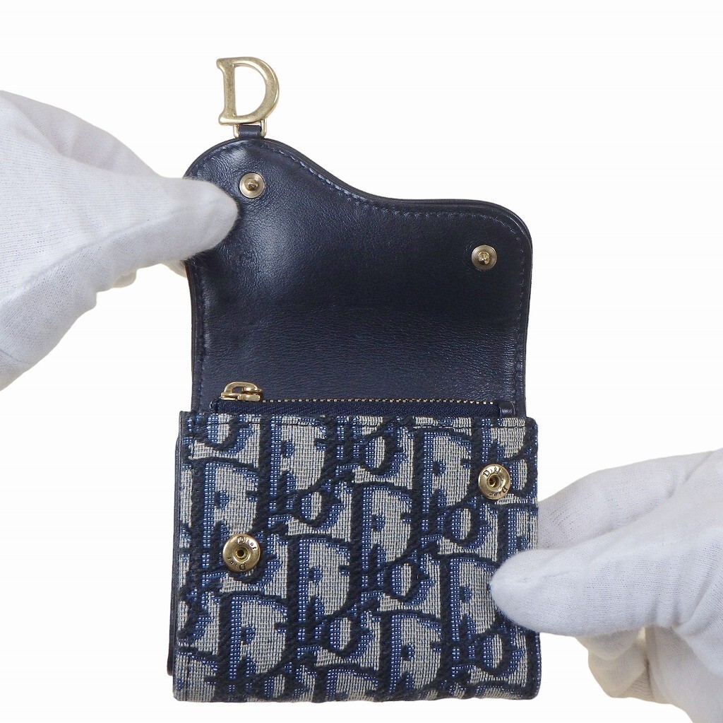 Christian Dior Saddle Lotus Wallet Compact Trifold Navy
