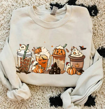 Halloween Coffee Latte Sweatshirt, Cute Scary Boo Ghost Pumpkin Spice S-5Xl