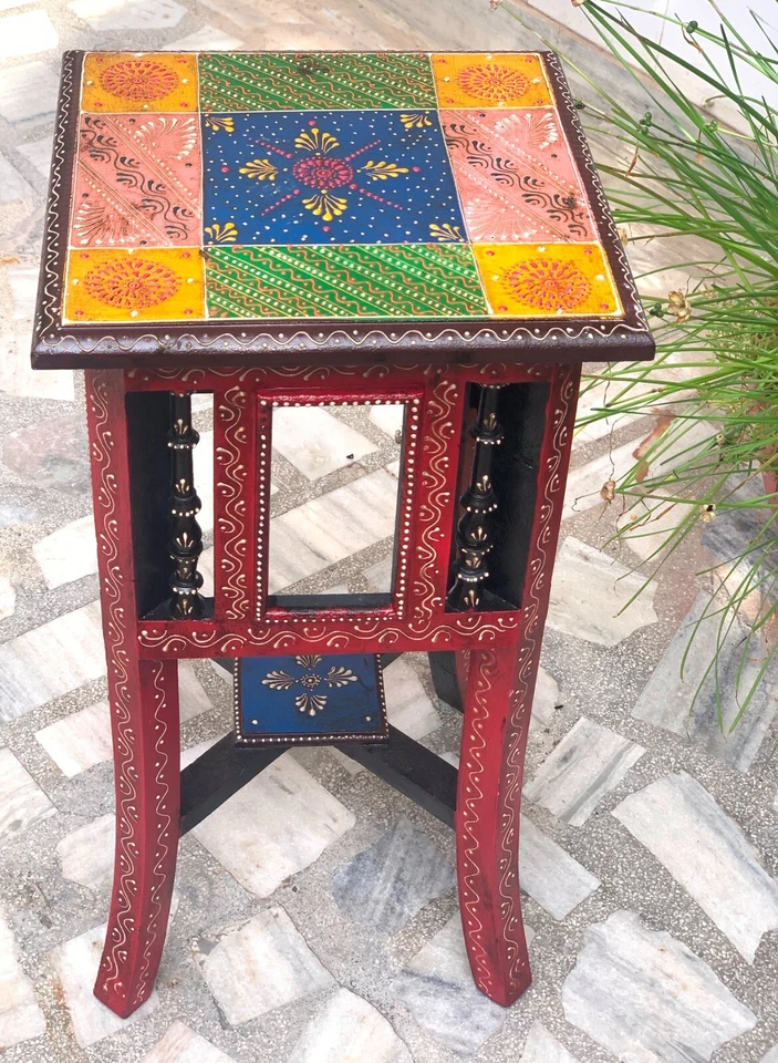 Multicolor Embossed Wooden Bedside Table Indian Ethnic Painted Stool - Image 4 of 4
