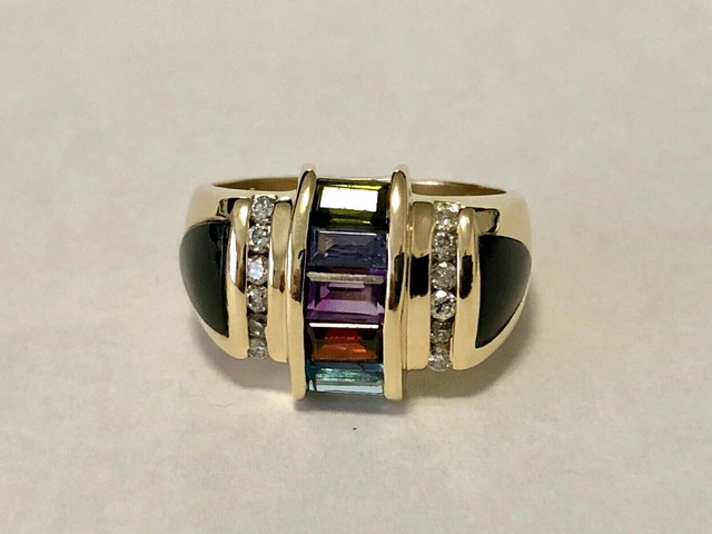 Vintage B&H 14K Yellow Gold Multicolor Gemstone & Diamond
