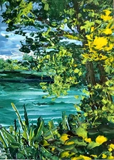 Original Oil Painting Forest River Flowers Landscape Art Wall Decor size 7 x 5"