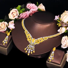 Beauty White Gold Plated Yellow CZ Leaf Necklace Earrings Pageant Jewellery Set