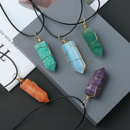 Natural Hexagonal Crystal Quartz Point Pendant Wire Wrap Stone Wand Necklace - Picture 8 of 38