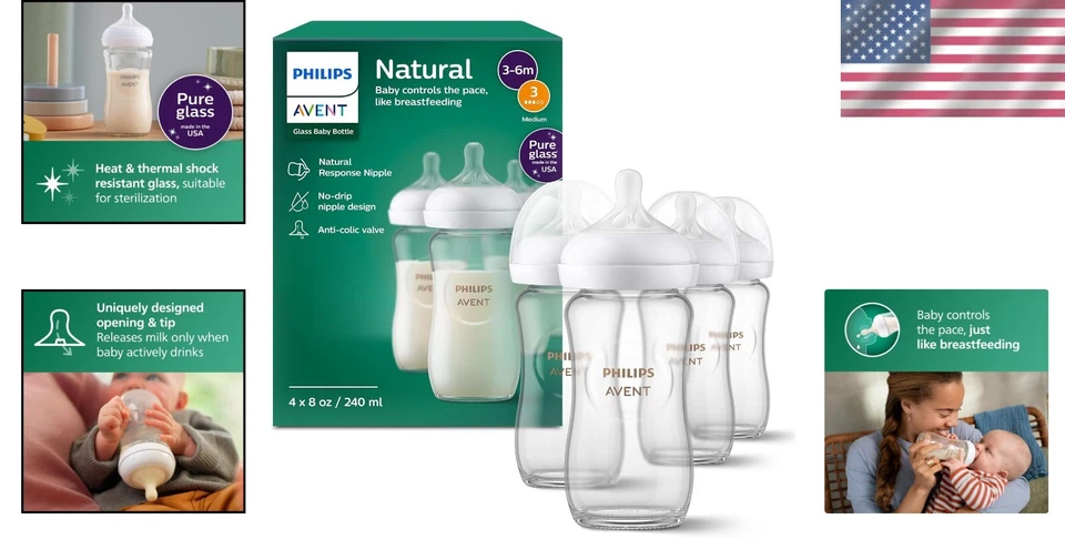 Biberones de vidrio natural Philips sin BPA 8 oz con pezones anticólicos - Paquete de 4 Foto 2 de 4