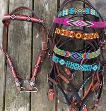 Western brow band headstall w/beaded overlay, copper conchos various colors
