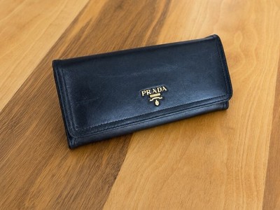 PRADA Black Lambskin Black Leather Wallet On Chain WOC Gold Logo Wallet