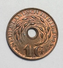 Dutch Netherlands East Indies 1 Cent 1945-S KM#317 Holed Coin