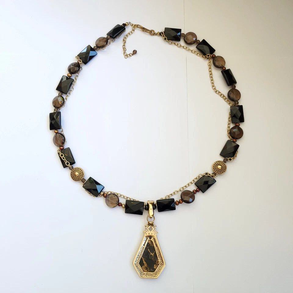 Collar Colgante Cuarzo Ahumado Ónix Negro Grueso Bronce Tono Dorado Barse Noche b Foto 3 de 4