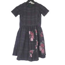 Via Veneto Elisa Girls Plaid Pleated Floral Dress L Purple Black Short Sleeve L