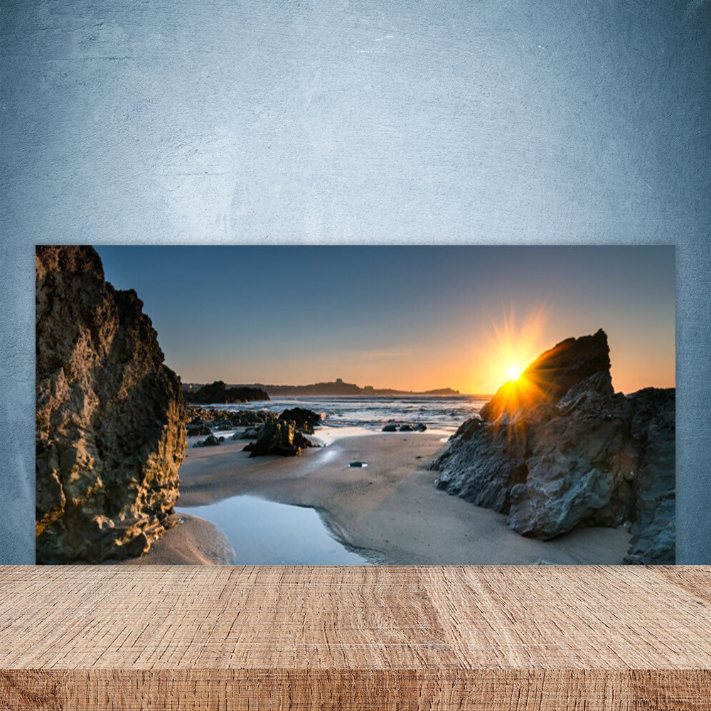 Panneau mural en verre securit 100x50 cm finition brillante paysage soleil couchant sur les rochers