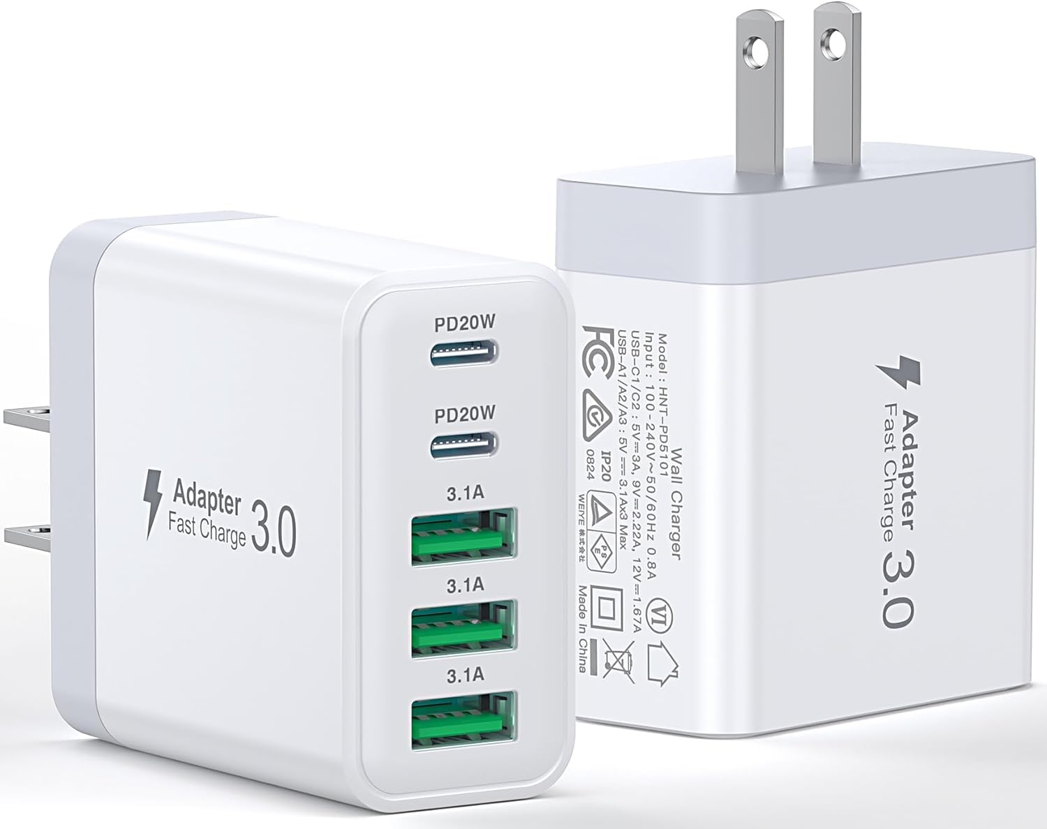 50W Fast Charging USB C Wall Charger Block 5-Port PD Adapter 2-Pack