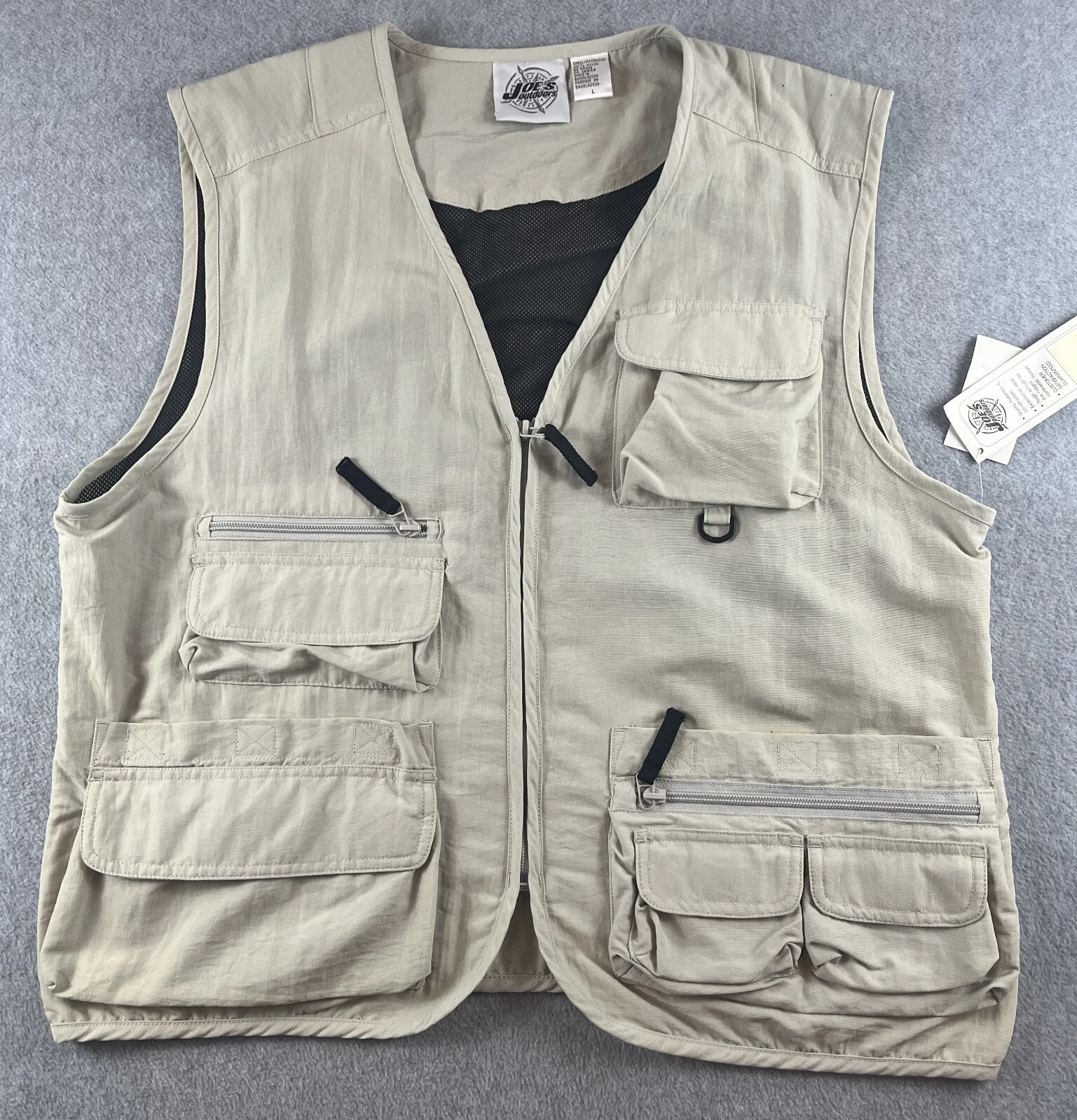 Joe's Outdoors Fishing Vest Men's Large Tan Beige Fish Vest Zip Pockets NEW NWT