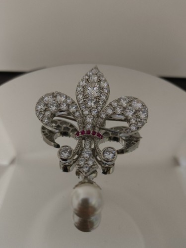 2Ct Simulated Diamond Pearl & Ruby Elegant Brooch Pin 14k White Gold Plated - Picture 8 of 11