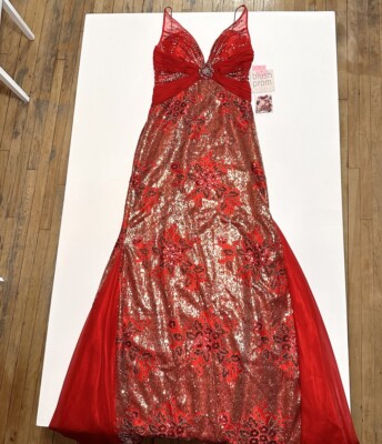 Womens NWT Blush prom dress sequins sparkly cocktail straight gown flower detail