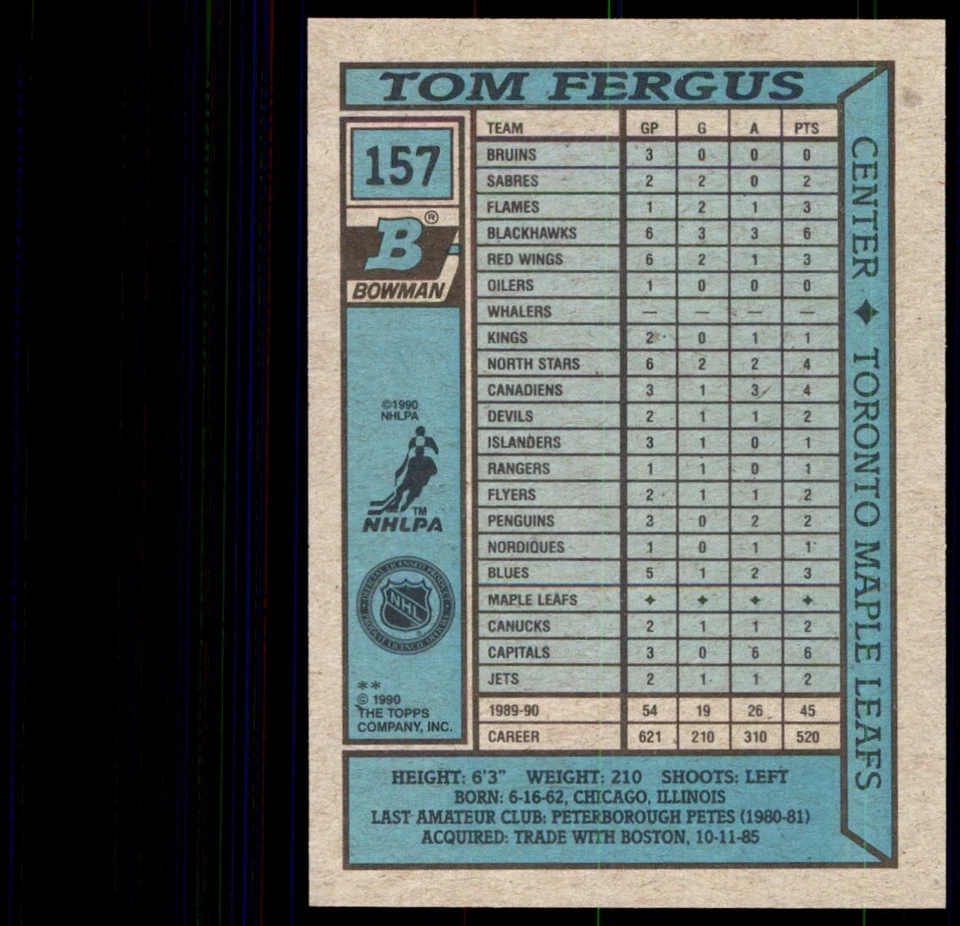 1990-91 Bowman Tom Fergus Toronto Maple Leafs #157 - Image 2 of 2