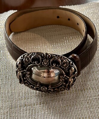 VTG Brighton 1995 Belt Brown Croc Embossed Leather Cherub Buckle