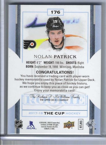 Nolan Patrick 2017-18 The Cup Rookie Patch (3-Color) 24/99 Philadelphia Flyers - Picture 2 of 2