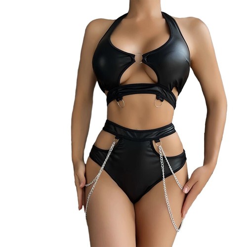 Wet Look Halter Neck Leather Lingerie Set with Sexy Hollow Chain Briefs - Picture 5 of 72
