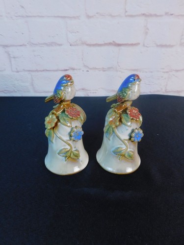 Set campane uccellino ceramica dipinte a mano vintage decoro floreale smaltato coppia 5,5" - Foto 2 di 12