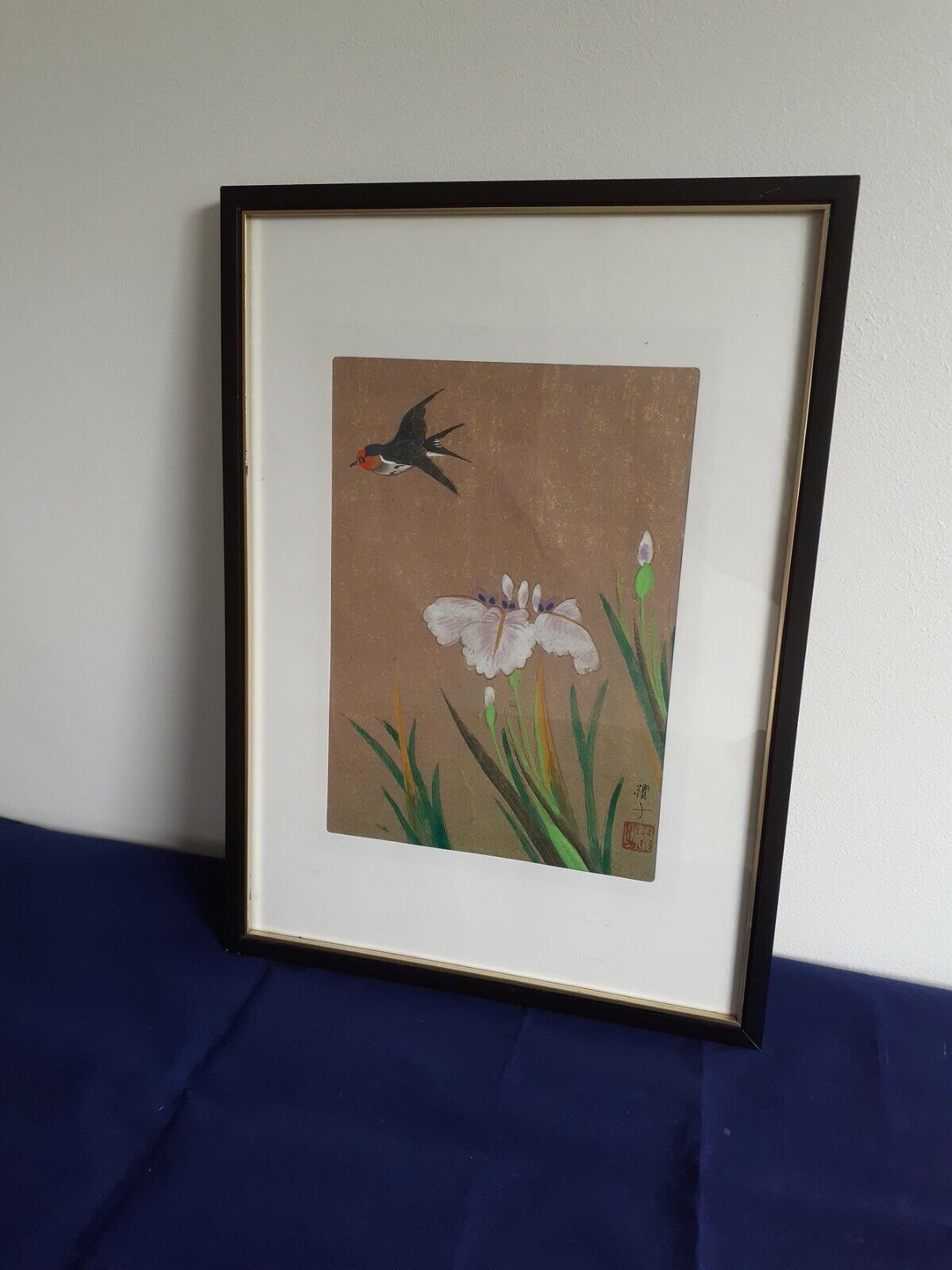Hand Painted Oriental Lily and Swallow Bird Painting Gilt on - 割り引き Chinese 送料無料 一部地域を除く Gold