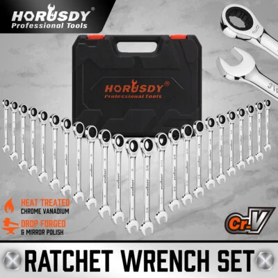 HORUSDY 24pc Ratchet Spanners Wrench Polished Tool Kit Imperial Metric With Case Inch/MM