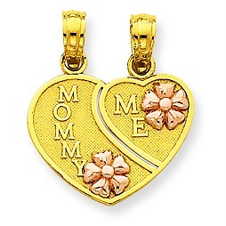 14K Yellow and Rose ''Mommy Me'' Breakable Hearts w/ Flower Pendant For Necklace