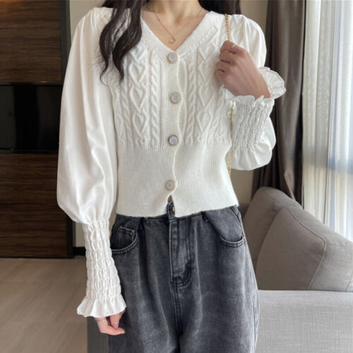 Women Ribbed Knit Cardigan Shirt Crop Top Puff Sleeves Sweater Jumper Korean - Picture 8 of 16