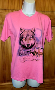 Vtg JERZEES Wolf American Indian Youth Pink Tee T-Shirt 18/20 XL Unisex