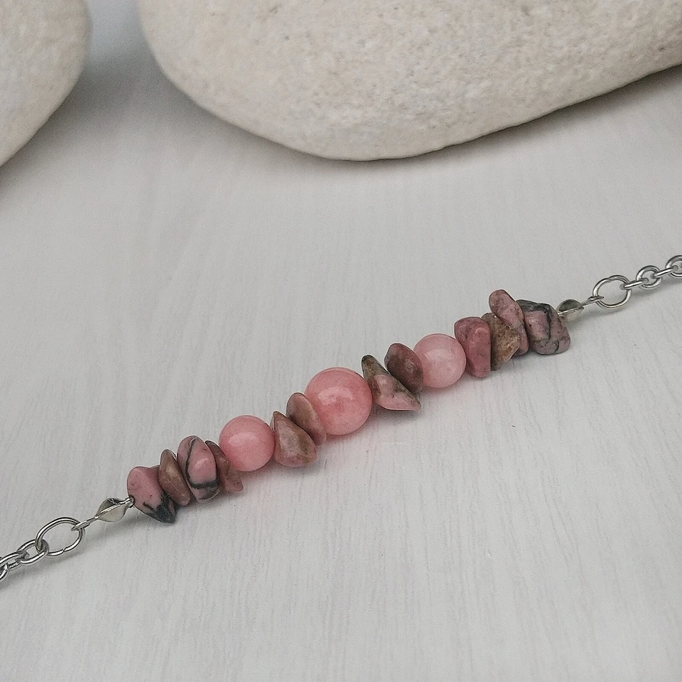 Tobillera de piedra de rodonita para mujer, pulsera de tobillo de cadena de acero inoxidable de 9,5"" Foto 4 de 4