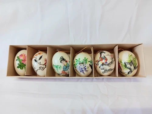 Asian Hand Painted Egg Shells Set Of 6 Birds Flowers Tree Ornaments Hanging