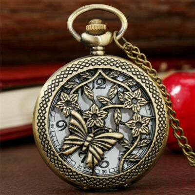 Bronze Flowers Butterfly Quartz Pocket Watch Necklace Chain  display picture 3