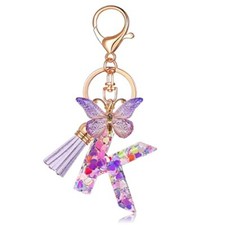 Initial letter Keychains for Women Tassel Butterfly Pink Purple Cute K-purple