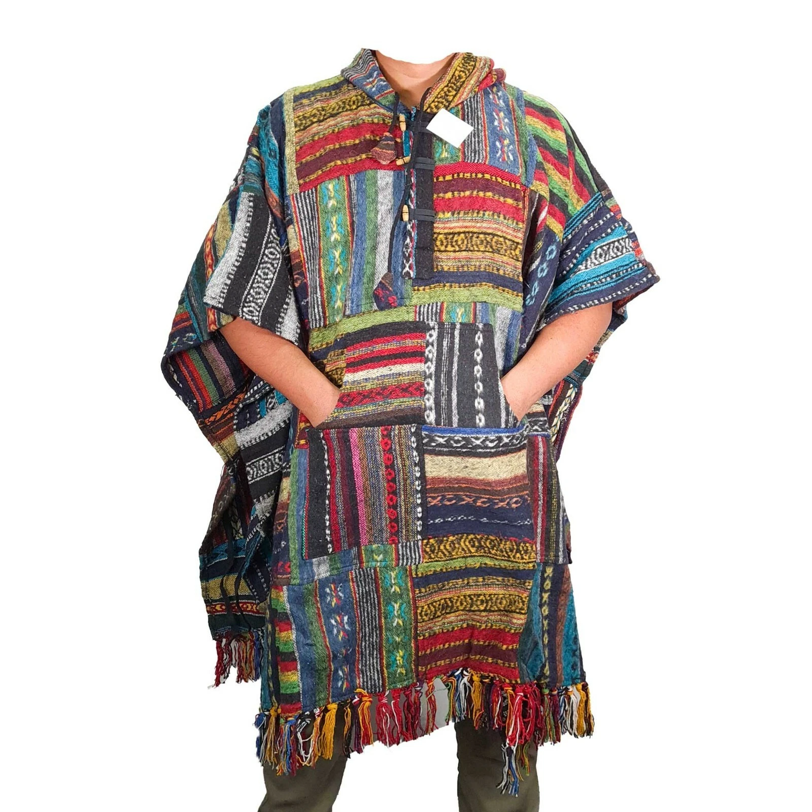 Cotton Poncho Baja Patch Bohemian Mexican Festival Hippie Outdoor Surf Hunting