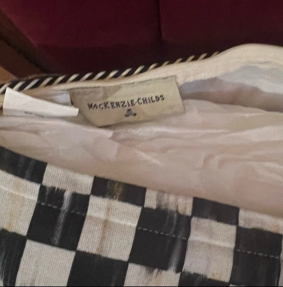 MacKenzie-Childs Scottish Ram Accent Pillow Beaded Flowers B&W Checker Plaid - Image 4 of 4