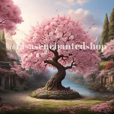 Digital Image Desktop Wallpaper AI Art - Japanese Cherry Blossom Tree in Garden
