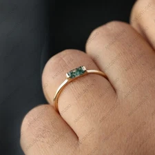4x2mm Natural Baguette Moss Agate Solitaire Stack Band Ring 14k Solid Gold