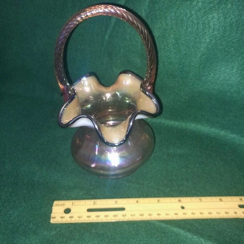 Fenton Art Glass Iridescent Brides Basket With Opalescent Ruffled Rim