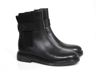 sz 7 Tory Burch Black Leather Double T Buckled Chelsea Ankle Boot