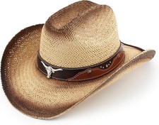Western Straw Cowboy Hat for Women and Men, Sun Beach Cowgirl One Size Beige
