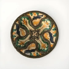 Vintage Moroccan Hand Painted Silver Filigree Ceramic And Metal Plate Fez?