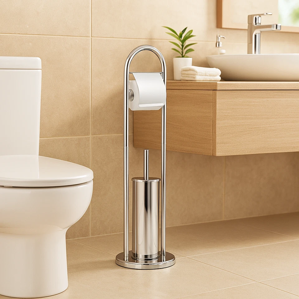 Piantana Portarotolo e Scopino Bianco, Porta Carta Igenica e Scopino da Terra - Immagine 4 di 4