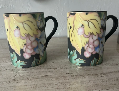Vtg Fitz & Floyd Mugs Vineyard Coffee Tea - Black, Grapes, Colorful, Set of 2
