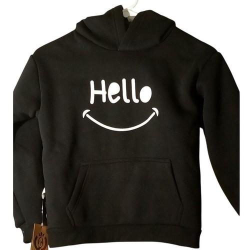 Girl's Black "Hello" L/S Fleece Hoodie Sweatshirt, Size ? (Check Measurements) - Picture 3 of 6