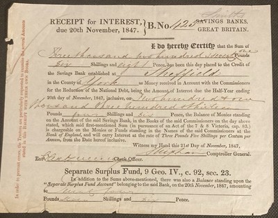 Savings Banks, Great Britain November 1847 Interest Receipt