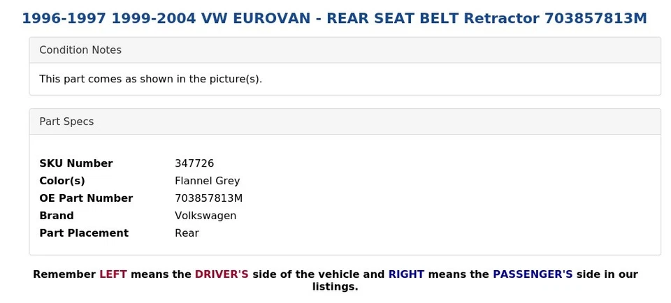 1996-1997 1999-2004 VW EUROVAN - CINTURÓN DE SEGURIDAD TRASERO retractor 703857813M Foto 4 de 4