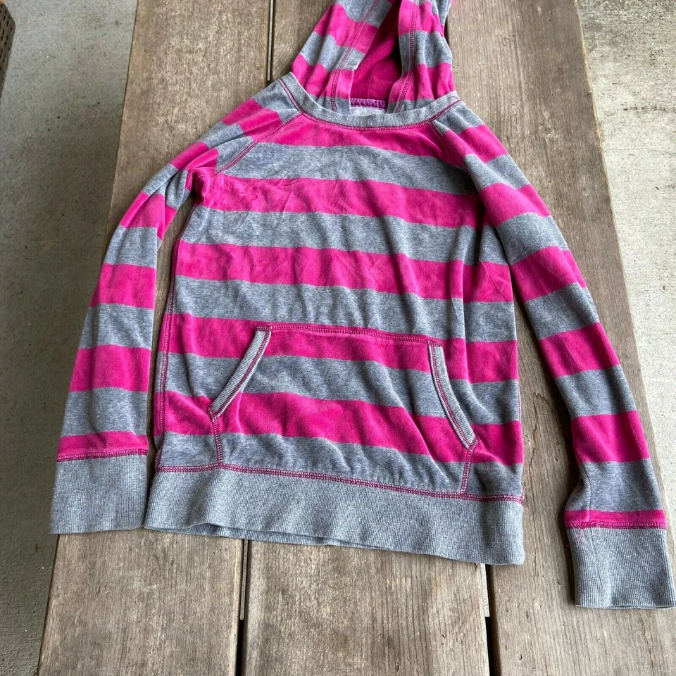 Gap Girls Hoodie Size XL 12 Hot Pink Gray Velour Striped Kangaroo Pocket - Image 2 of 4