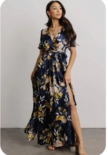 Baltic Born Small Sicily Maxi Dress Belted Satin Navy Floral Tie Waist Modest Y7