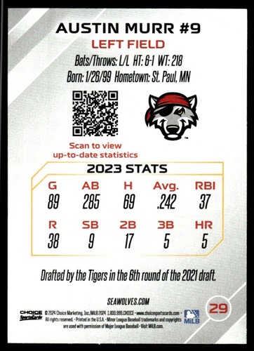 2024 Austin Murr MiLB Minor League Rookie Card Erie Seawolves - Picture 2 of 2