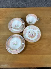 3 Vtg Early Childs Transferware Handpainted Willow Chinoiserie Cups and Saucers